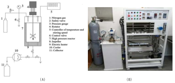 아임계 수 가수분해장비 도식도(A) 및 실제 장비(B)