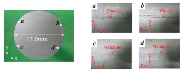 생산된 선재(또는 봉) 제품의 단면(왼쪽). 진원도 검사는 통과했지만 각 스탠드에서 질량유출량 불일치 때문에 제품표면에 발생한 cracks 및 wrinkles (오른쪽)