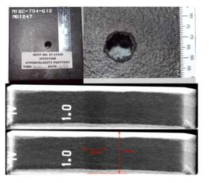 NASA 실험 결과: 표면 파손 직경 약 13mm, 측면 파손 직경 20mm, 파손 깊이 35mm