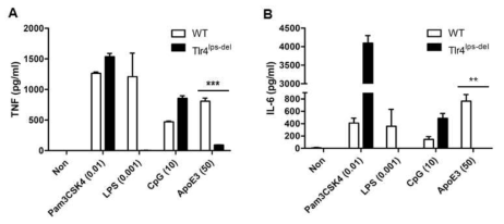 Wild type 생쥐와 TLR4가 결손된 생쥐의 골수세포에서 유래한 대식세포에 ApoE를 처리한 후 약 20시간 뒤에 분비되는 TNF (A)와 IL-6 (B)의 양을 ELISA로 측정하였음. Pam3CSK4 (TLR2 ligand)와 CpG (TLR9 ligand)는 TLR4 결손에 의해 영향을 받지 않는 control로 사용하고 LPS (TLR4 ligand)는 TLR4 결손을 확인하기 위한 control로 사용함