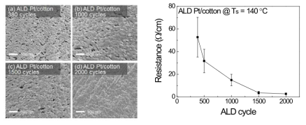 저온 metal ALD 공정으로 Pt를 증착시킨 면섬유의 Cycle에 따른 SEM과 저항 변화