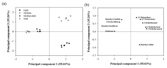 커피의 휘발성화합물 농도에 의한 PCA score (a) 와 loading plots (b)