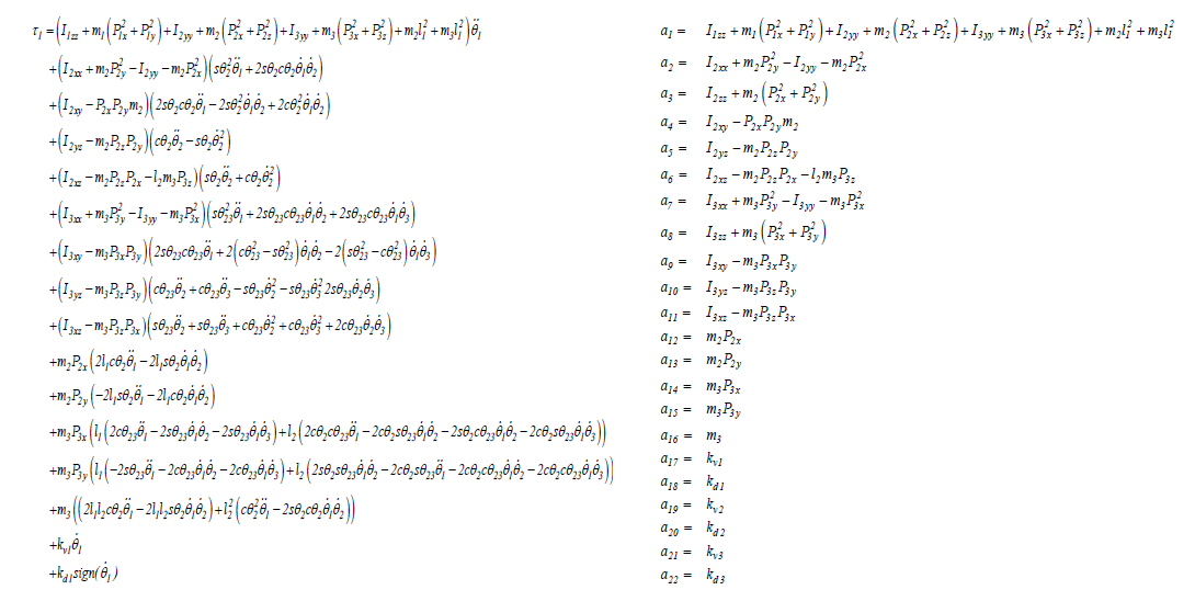 3축 FARA 로봇의 동력학 관계식과 관련 선형 동력학 파라미터 예