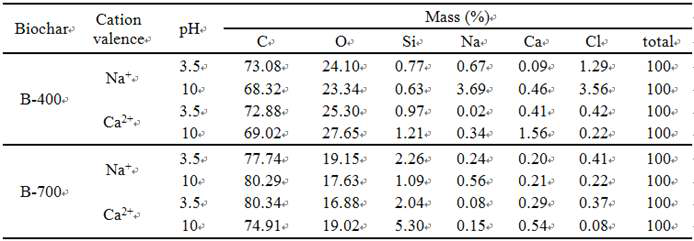 열분해 온도에 따른 바이오차의 pH변화와 양이온 원자가에 따른 시마진 흡착 변화에 따른 SEM-EDS 결과