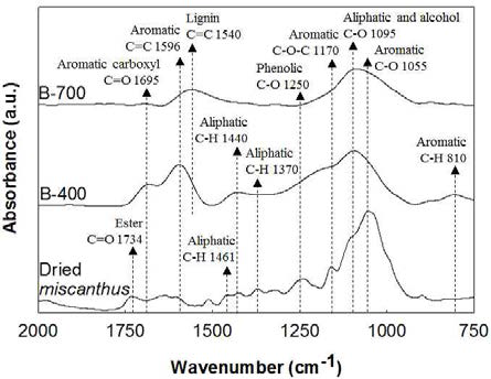 거대억새와 열분해 온도 400℃와 700℃에 만든 거대억새 바이오차의 FTIR 결과