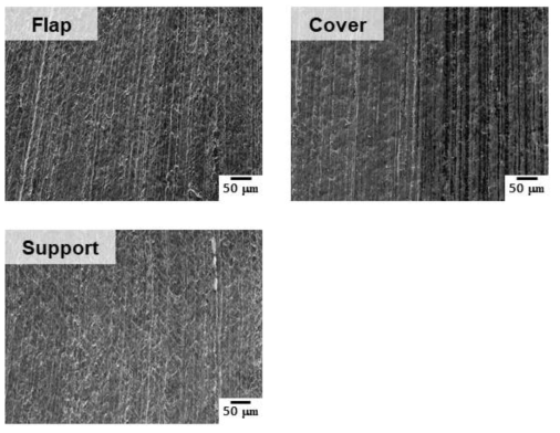 주사전자현미경을 이용하여 관찰한 flap, cover 및 support 시편의 NaCl 3.5% 수용액 환경 중 ring test 표면