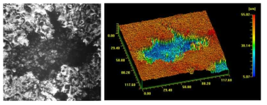 (a) 2D brightness and (b) 3D height confocal scanning laser microscopy images of white spots observed on the PEO films formed on AZ31 Mg alloy for 5 min at 200 mA/cm2 of 310 Hz AC in 0.2 M Na3PO4 solution