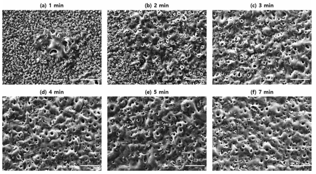 SEM images of PEO films formed on AZ31 Mg alloy with time at 200 mA/cm2 of 310 Hz AC in 0.1 M NaF + 0.2 M NaOH + 0.3 M Na2SiO3 solution
