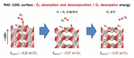 PdO (100) 표면에서의 오존 흡착/분해/탈착 모델 및 에너지