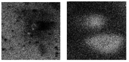 U020+PbO2 시료의 SIMS 이미지 스펙트럼 (왼쪽: 넓은 영역의 입자 확인, 오른쪽: SNMS 측정에 사용한 입자시료)