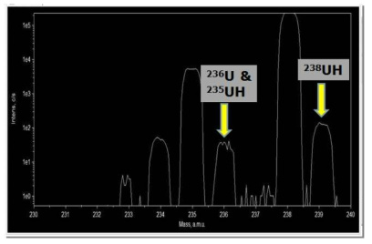 우라늄 단일입자의 SIMS 스펙트럼