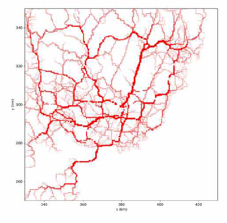 500m × 500m 격자에 기반한 교통 네트워크에서 분석한 사이 중심성 결과