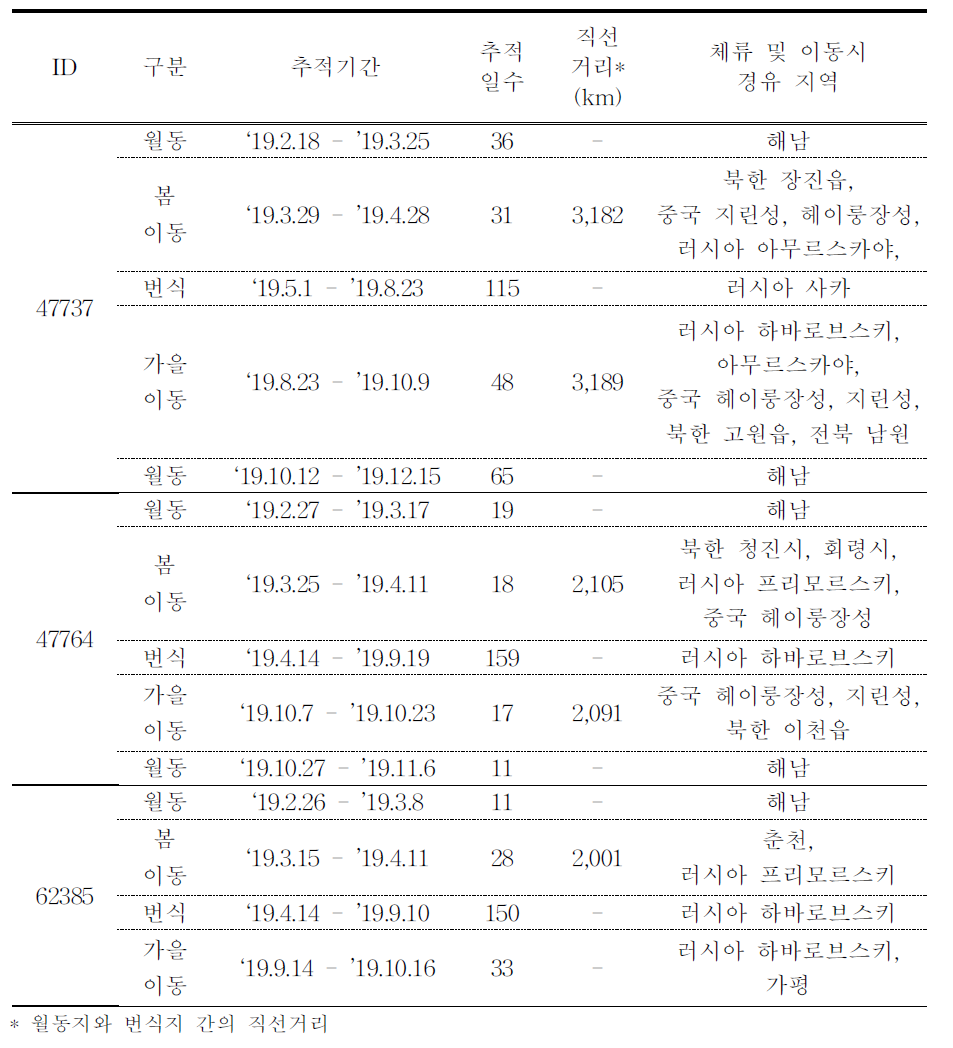 말똥가리의 이동경로 위성추적 결과