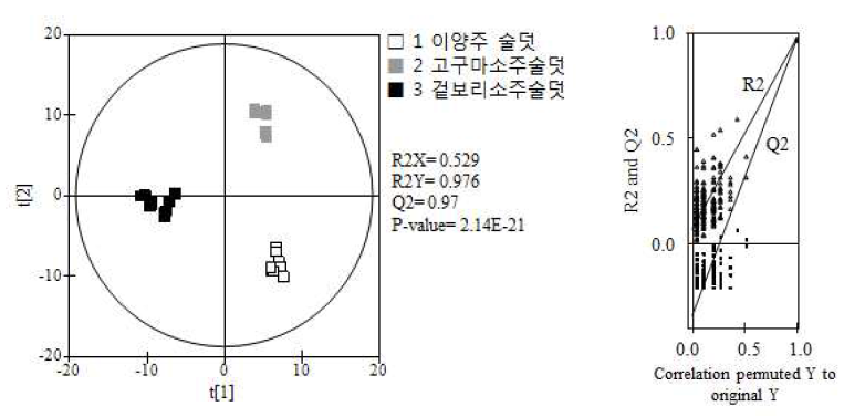 원료별(이양주, 고구마소주, 겉보리소주) 발효술덧의 PLS-DA score plot, validation model