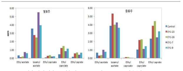 이양주술덧 선별효모 적용 발효주, 증류주의 ethyl ester 성분특성