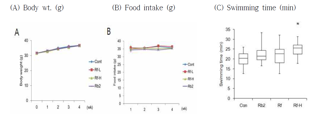 Ginsenoside Rf, Rb2 섭취에 의한 몸무게, 식이 섭취량, 수영시간