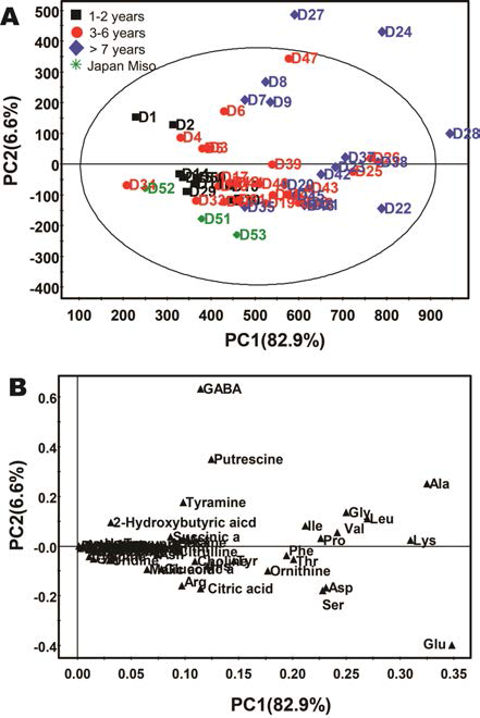 Profiling of Doenjang by aging period through analysis of 50 kind targeted non-volatile metabolites (except Lactic acid 제외)