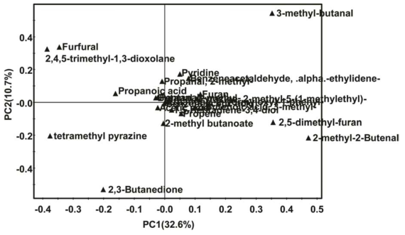 PCA of volatile compounds of Ganjang with different aging time