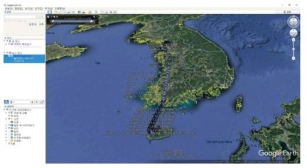 KML 데이터를 적용한 Google Earth 화면