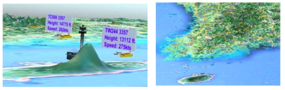 비행장 4D 정보제공 (좌) 지도상의 높이 정보를 포함한 3D 지도 (우) 평면지도
