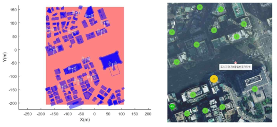 (왼쪽) 역삼역 부근 2D 지도에 표시된 LTE 기지국 위치 (오른쪽) 실제 역삼역 부근 LTE 기지국 위치