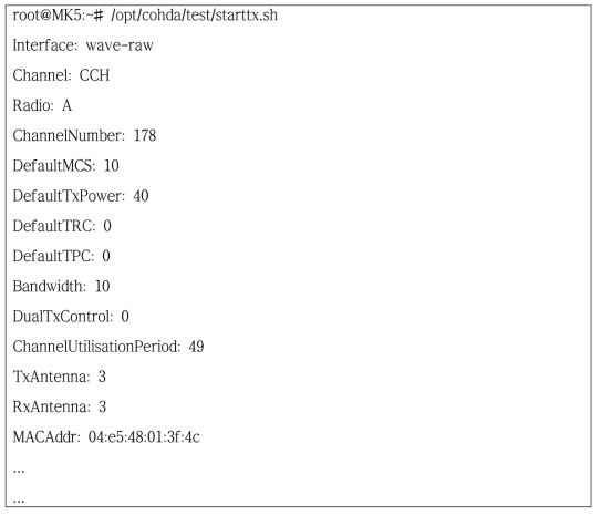 기본값으로 실행한 송신기 스크립트(starttx.sh)의 예시