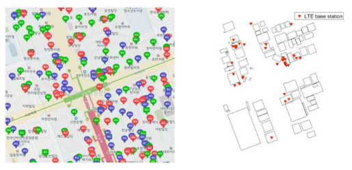 전파누리(왼쪽)에서 받은 LTE 기지국 위치(오른쪽) 예시