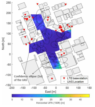 강남역 사거리에 위치한 35개의 LTE 기지국을 이용한 20대 무인항공기 측위 시의 Confidence Ellipse (99.999%)