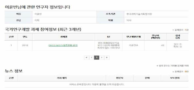 연구자 과제 참여정보 및 뉴스정보