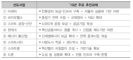 선도사업별 ’19년 주요 추진과제