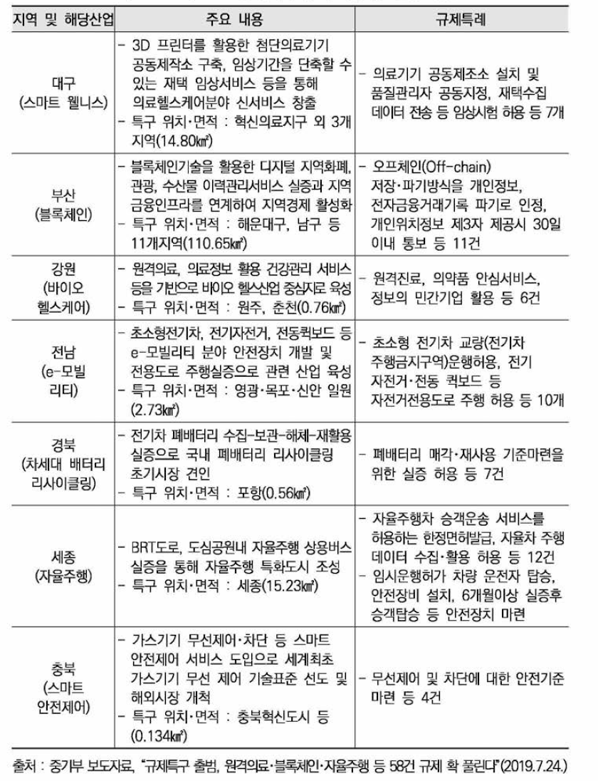 2019년 중기부 규제 자유특구 선정 내용