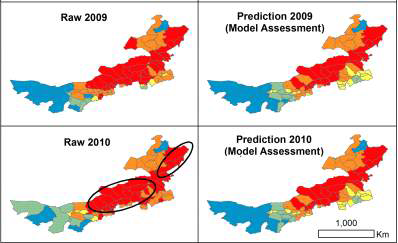 2009년과 2010년의 발병현황과 예측값 비교