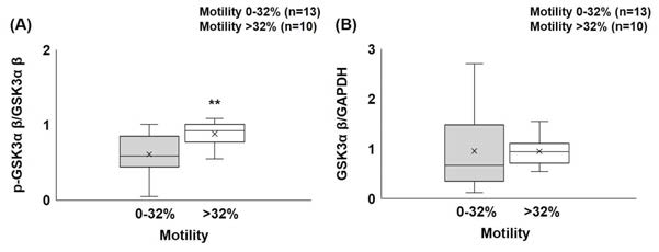 Correlation between sperm motility with p-GSK3αβ/GSK3αβ (A) and GSK3αβ/GAPDH ratio (*:p<0.05, **:p<0.01)