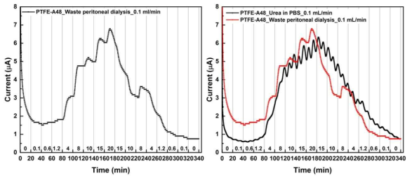실제 환자의 폐복막투석액을 이용하여 0.1 mL/min의 유속으로 실시간으로 요독 농도를 측정한 결과. (좌)환자의 폐복막투석액을 이용한 결과, (우) DPBS용액에 urea powder를 섞은 결과와 merge하여 비교한 결과