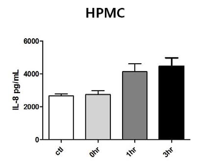 ICP통과한 후의 폐투석액을 초대 배양한 human peritoneal mesothelial cell에 처치하였을 때 시간이 경과함에 따라 IL-8발현이 늘어나는 것이 확인됨. IL-8은 neutrophil chemotactic factor로도 불리는 물질로써 염증세포들을 불러 모으고 염증세포를 활성화시키는 역할을 하는 대표적인 pro-inflammatory molecule임