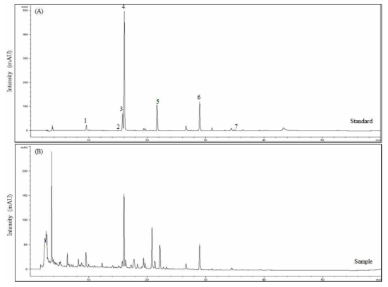 Chromatograms of standard mixture (A) and Banhasasim-tang water extract (B). 1, Liquiritin; 2, ginsenoside Rg1; 3, ononin; 4, baicalin; 5, berberine chloride; 6, glycyrrhizin; 7, 6-gingerol