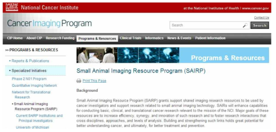 미국 NCI의 Small Animal Imaging Resource Program