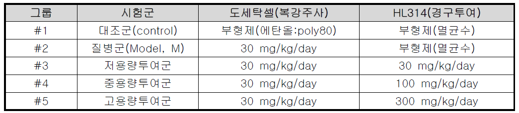 HL314의 유효성 검증을 위한 시험군 구성 및 약물 투여 디자인