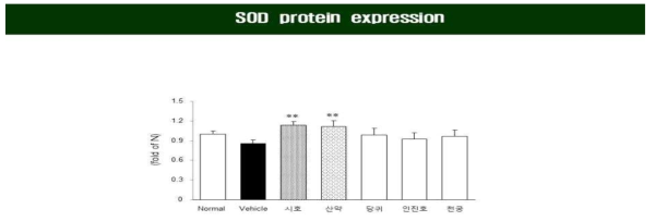 설파살라진 유발 장기독성 모델에서 후보소재 5종의 간 조직내 SOD 인자 발현량