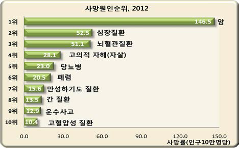 국내 사망원인 순위 (2013년 통계청 자료)