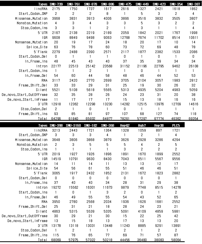 간암세포주의 mRNA-SEQ 결과를 바탕으로 돌연변이체 패턴 결과
