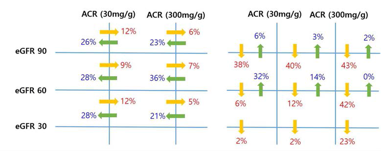 제 2형 당뇨병 환자에서 알부민뇨와 eGFR 감소의 진행 비율. eGFR (ml/min per 1.73 m2); ACR, urinary albumin-to-creatinine ratio. Diabetologia (2012)