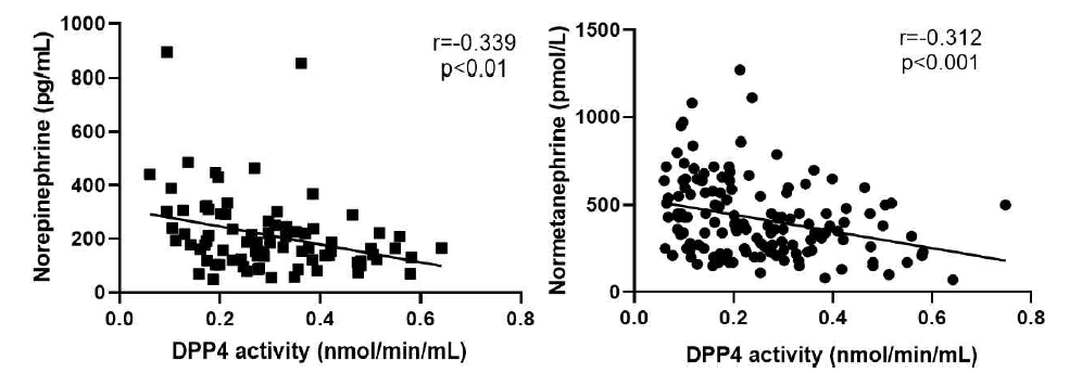 Scatter plot demonstrating bivariate correlation between plasma norepinephrine and DPP-4 activity in the DPP4i treated T2DM patients