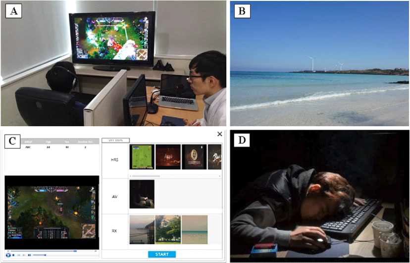 A: 가상현실치료 장면, B: 이완 가상 장면, C: 인터넷·게임 사용 관련 자극 장면, D: 인지적 재구성 단계 시 가상 상황 장면