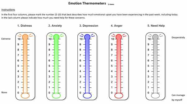 정신건강상태 측정을 위해 개발된 지필 척도인 Emotion Thermometer: 접근이 용이하고 시각적으로 직관적으로 선택할 수 있게 되어 있어 노인들에게 적용이 용이함