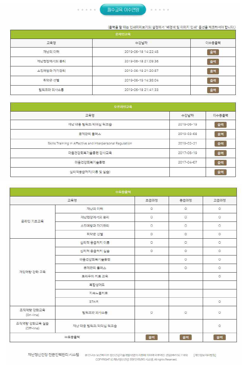 홈페이지 필수교육이수 현황 화면