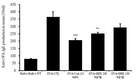 Effects of GHX02 on OVA-specific IgE release in OVA challenged allergic mouse model. Mice were treated with the GHX02 extract (200, 100㎎/㎏) for 13 weeks. Balb/c mice were challenged with OVA as described in the Experimental section. Blood samples were collected after 2 weeks and 14 weeks for OVA-specific IgE measurement and serum was prepared. Values are expressed as mean±S.E.M (n=8) (**p<0.01, *** p<0.001 versus the OVA_CTL group)