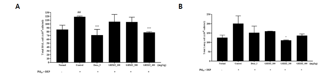 Inhibition of infiltrated granulocytes by the GHX02 extracts in airway of PM10D-induced mouse model. The total BAL (A), and lung (B) cells were counted using flow cytometry. Data are shown as mean ± SEM of each group (n=8 per group). ##p < 0.01 versus the BALB/c_normal group, *p < 0.05 and ***p < 0.001 versus the PM10D_control group mice