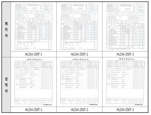 HL314정 250mg의 제지서 및 성적서