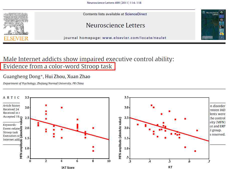 인터넷 중독 상태와 행동 결과 및 뇌 활성화 간의 유의미한 상관관계 (Dong et al., 2011)